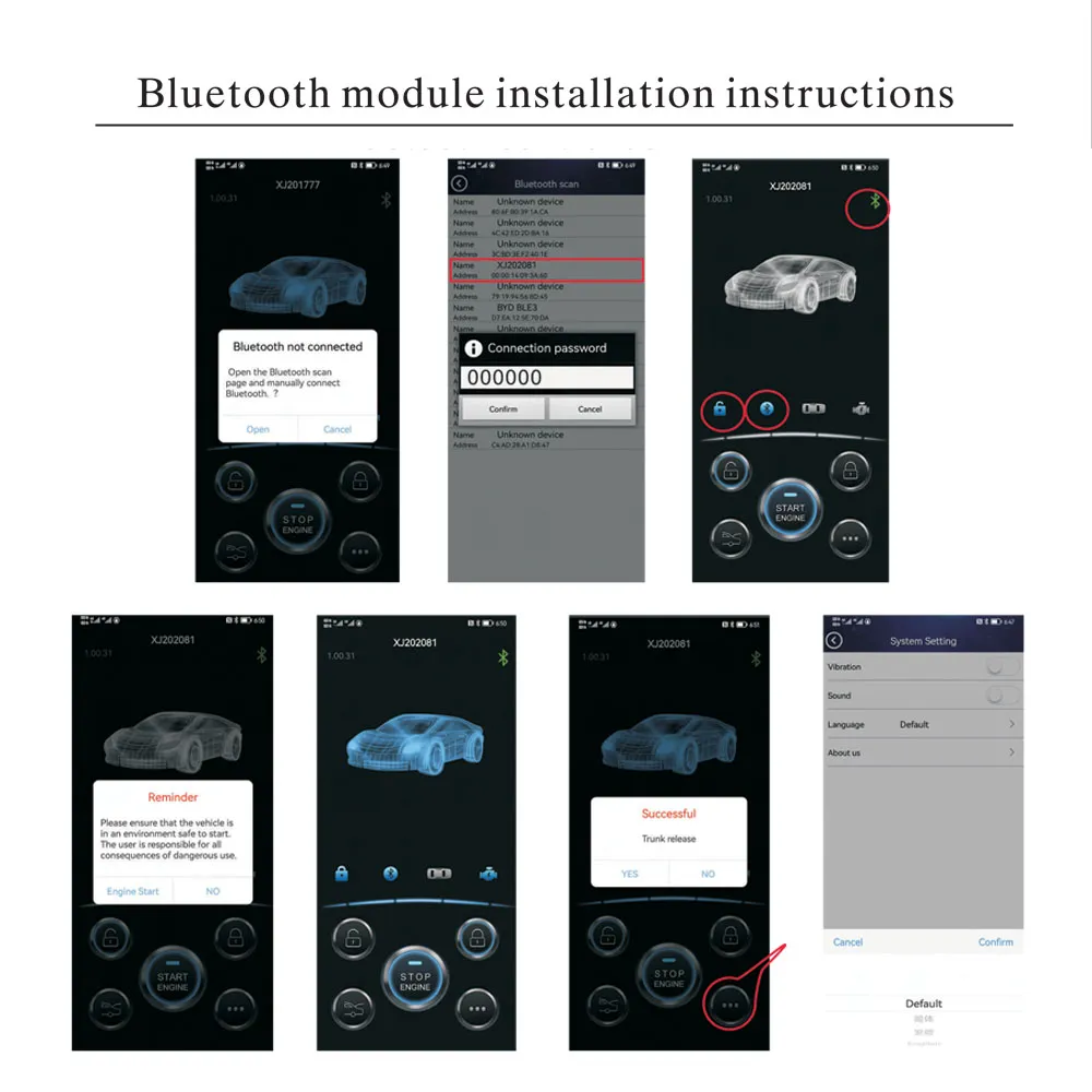 Kit d'arrêt de démarrage à distance de voiture universel Bluetooth  Application de téléphone mobile Contrôle du moteur Allumage Ouvrir le  coffre Pke Entrée sans clé Alarme de voiture