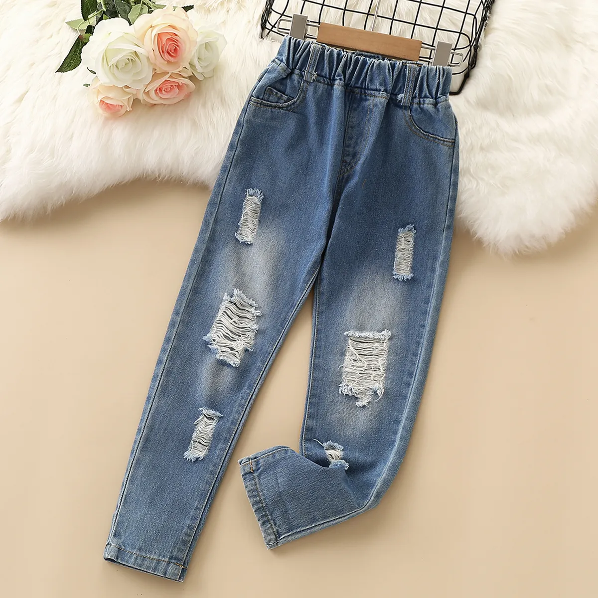 Jeans Casual Boys Jeans Solid Elastic Waist Long Kids Pants Fashion Loose Holes Boys Denim Trousers for 6 8 10 12 Years Children 230322