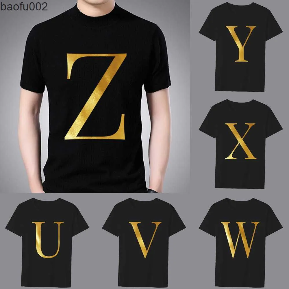 Herren-T-Shirts, modisches T-Shirt, schwarzes Herren-T-Shirt mit 26 englischen Buchstaben, goldenes Druckmuster, lässig, Rundhalsausschnitt, bequemes Oberteil für Pendler, W0322