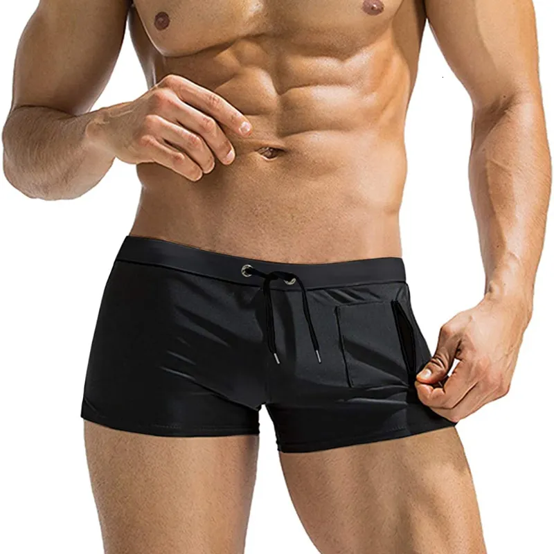 Homens de banho Mens Swim Trunk Swimwear com Zipper Bolso Banheira Natação Boxer Breve Quadrado Perna Malha Liner Board Shorts Maiôs 230321