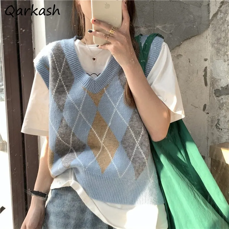 Kadın yelek kazak yelekleri kadınlar s-3xl vintage moda all-maç retro sonbahar örme şık kolsuz tasarım harajuku argyle ins v-boyun 230322