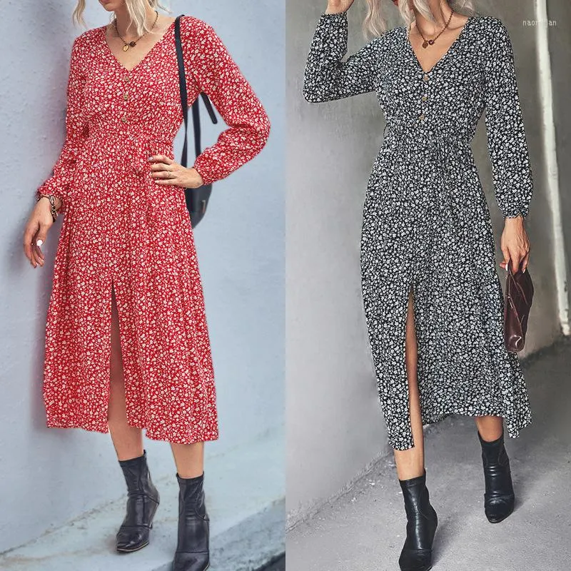 Casual Dresses 2023 Fall Women Clothing V-hals Floral Long Sleeve Split Dress Street Style Mid