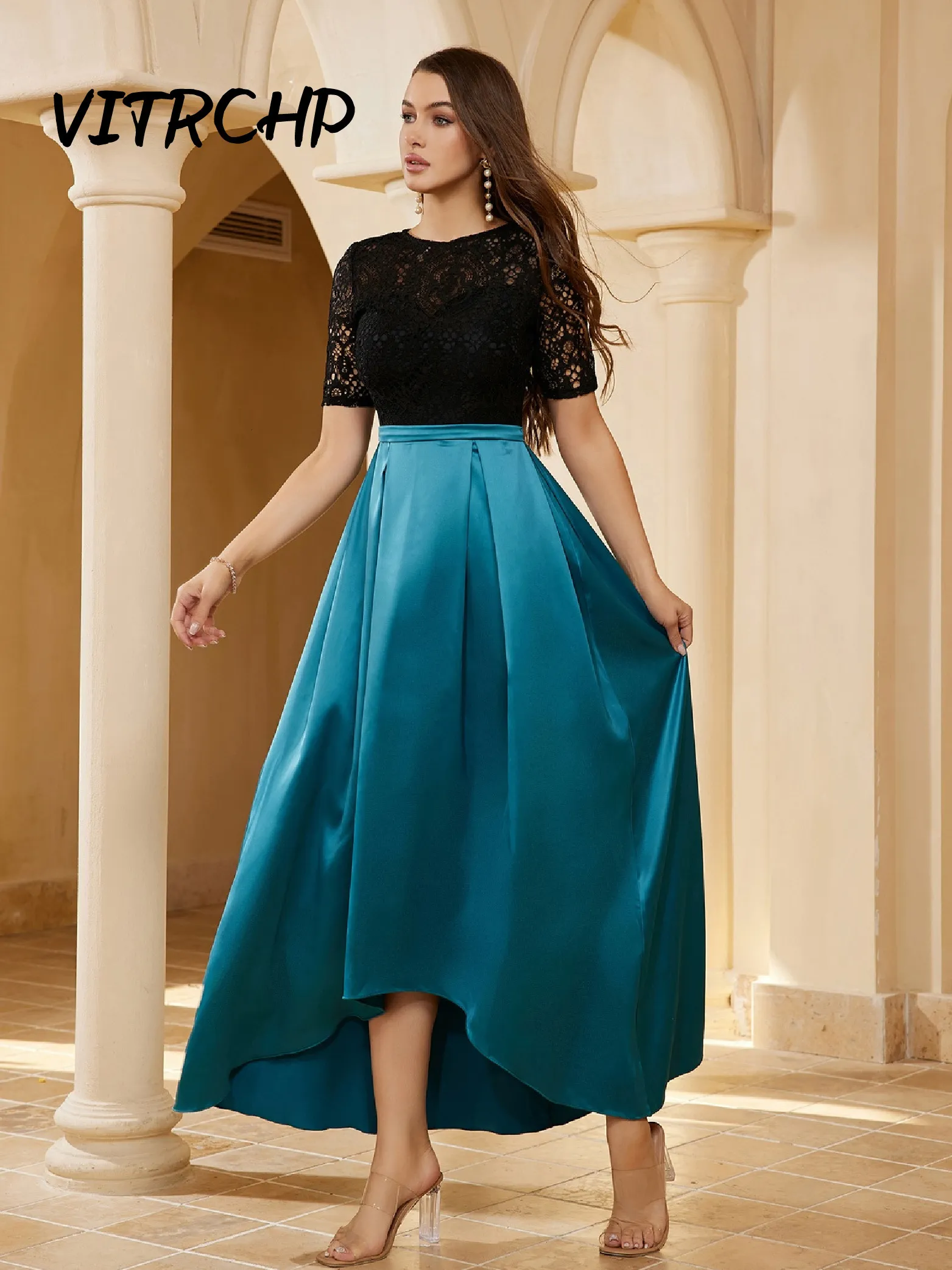 Party Dresses Blue Lace Stitching Cocktail Dresses for Women Sexy Hollow Out Evening Party Prom Gown Elegant Modest Tea Length A Line 230322