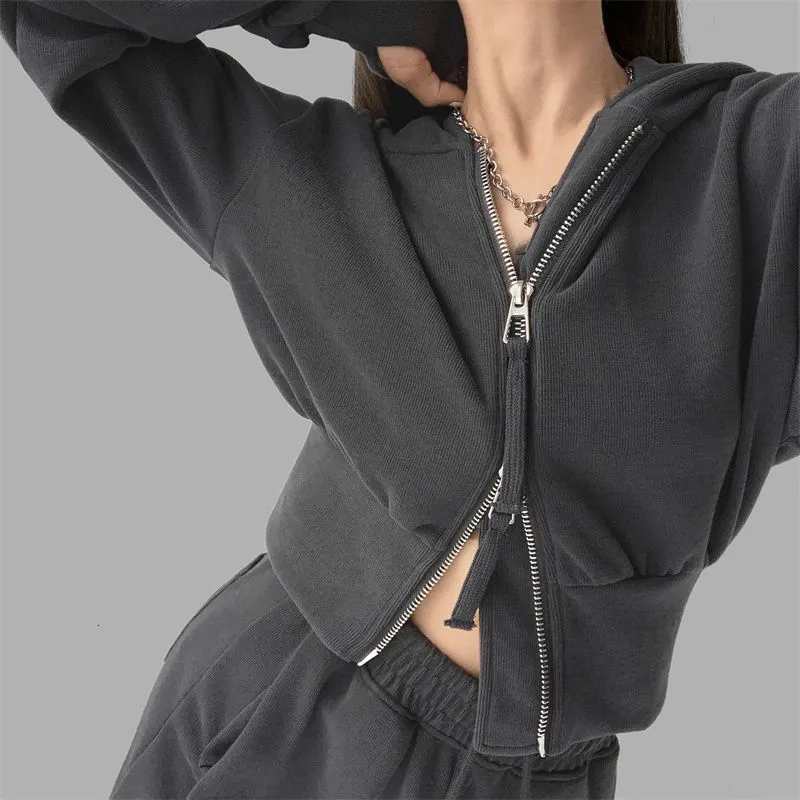 Kvinnors hoodies Sweatshirt Korta jackor Autumn Double Zippers Long Seeve Hooded Coat Casual Vintage Sporty Loose Outerwear Crop Top 230321