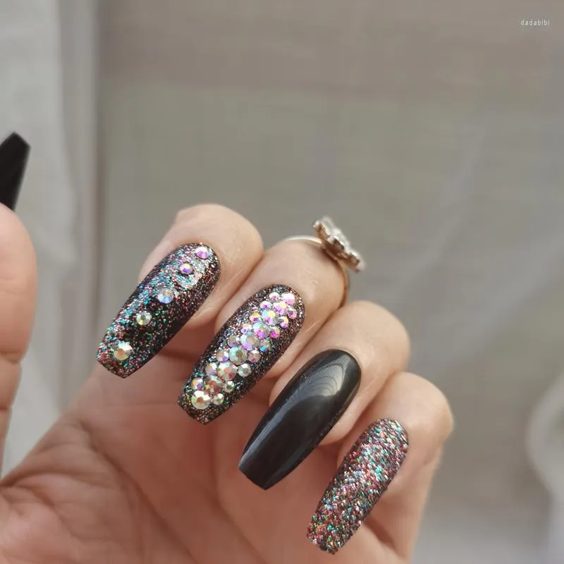 Faux ongles noir haut de gamme Salon Ballet cercueil bricolage cristal paillettes fait à la main faux 24 pièces