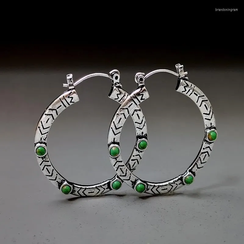 Hoepel oorbellen boho s kralen tribale etnische grote ronde geëtst antieke zilveren kleur groene steen