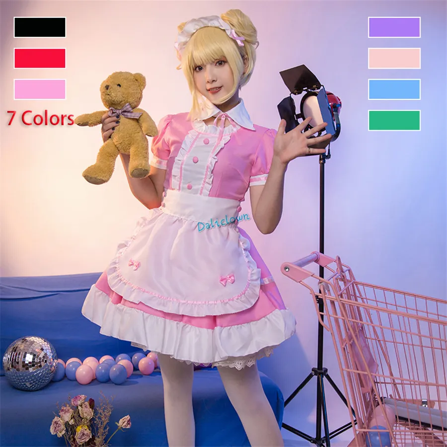 Vestido de empregada rosa Lolita para mulheres, traje Cosplay