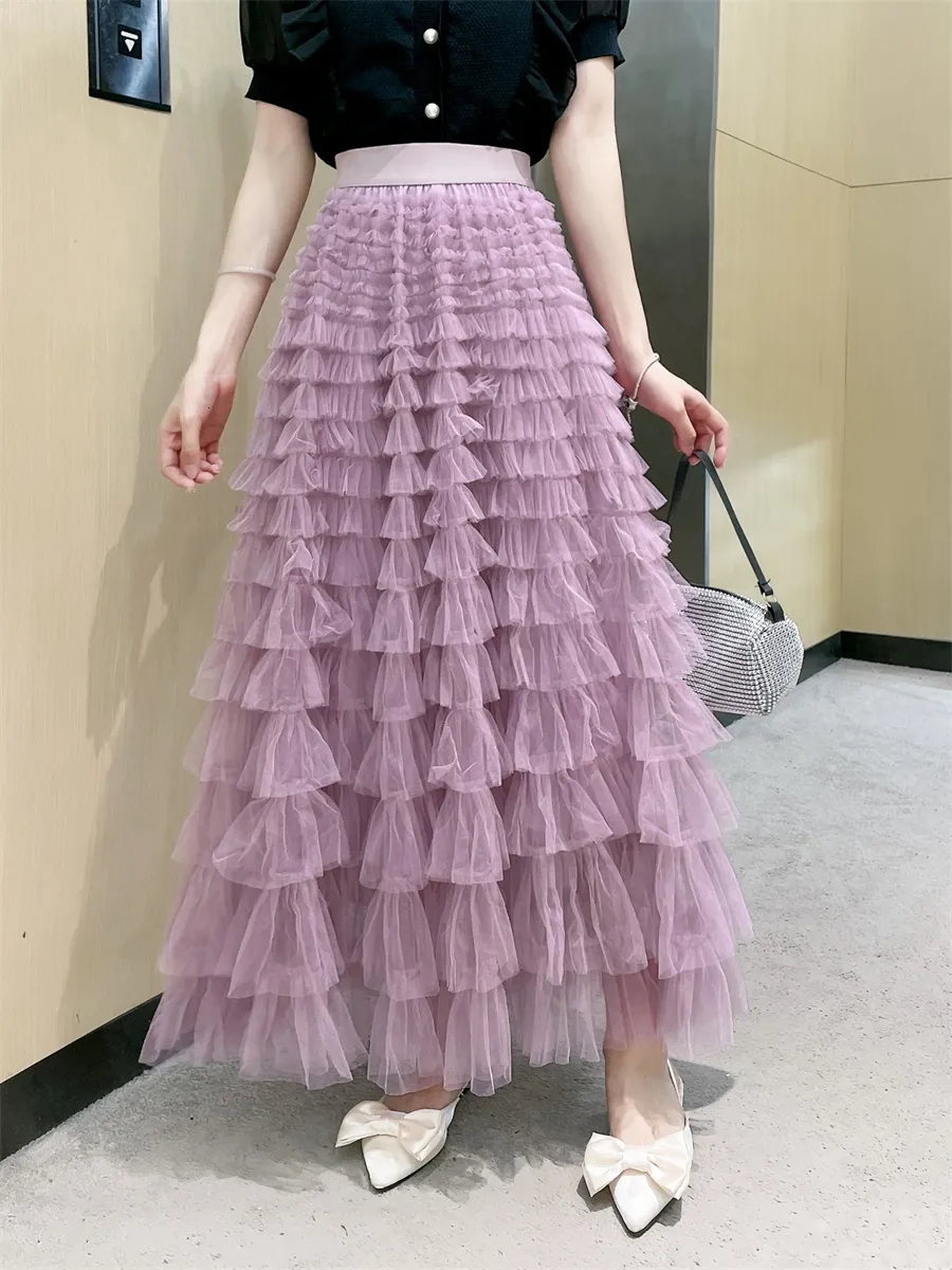 Spódnice moda Tutu Titule spódnica kobiet długa spódnica wiosna lato koreańskie czarne różowe różowe talia plisowana spódnica 230322