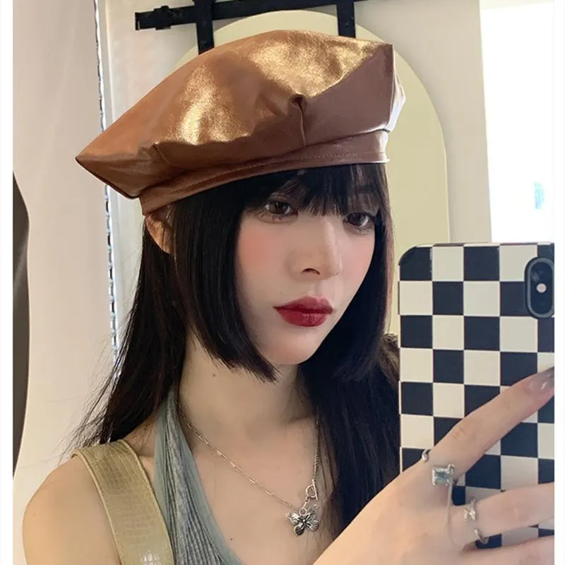 Beanies Beanie/Skull Caps Leather Beret Memale Summer Version of the Tide Brand British Retro octagonal Hat Net Red Big Head Thin