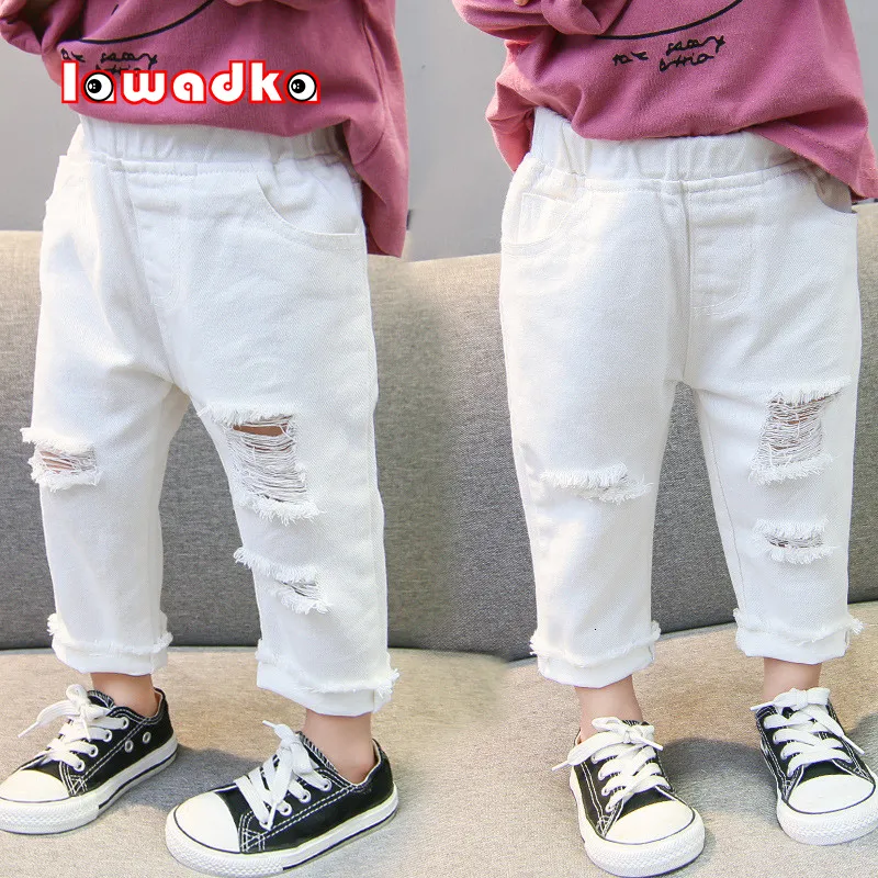 Джинсы LawAdka White Jeans for Girl Fashion Fashion Summer Spring Kids Holes Брюки свободные модные джинсы удобная одежда 230322