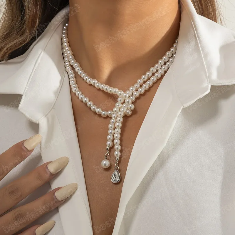 Katmanlı İnci Boncuklar Kadınlar için Kristal Kolye Kolye ile Zincir Uzun püsküller kolye Moda Mücevher Boyun Aksesuarları