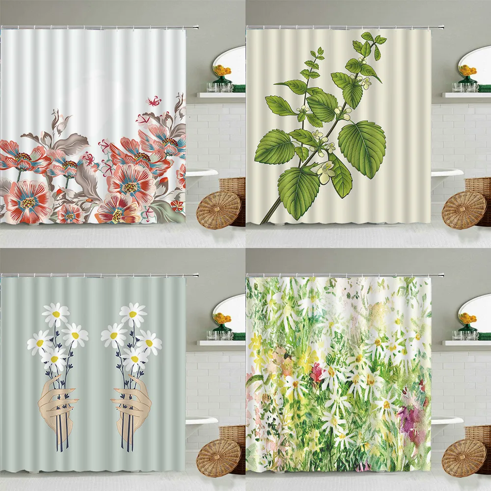 Shower Curtains Plant Bath Curtains Flowers And Plants Printing With Hooks For Bathroom Curtains Bathroom Waterproof High Quality Fabric 230322