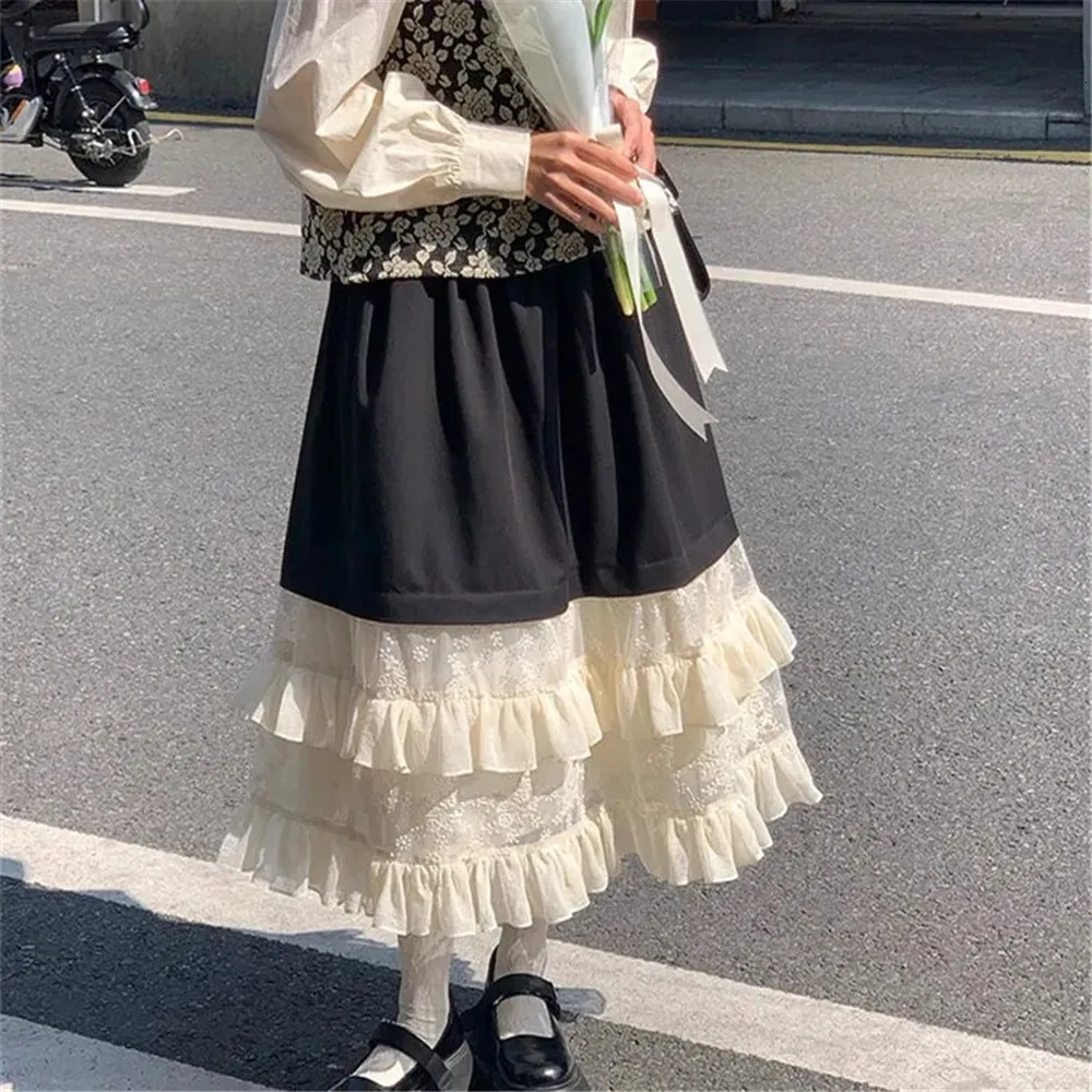 Rokken Japanse Sweet Lolita Lange Rok Abrikoos Kant Stiksels Zwarte Plooirok Vrouwen Elastische Hoge Taille Ruches A-lijn Midi Rok 230322