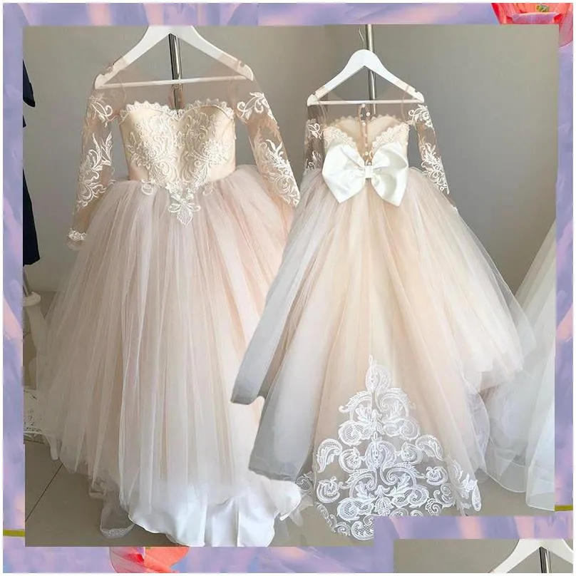 Vestidos de flores para niñas, 214 años, vestido de encaje para niñas, lazos, primera comunión para niños, vestido de fiesta de princesa, entrega directa Ev Dhjyn