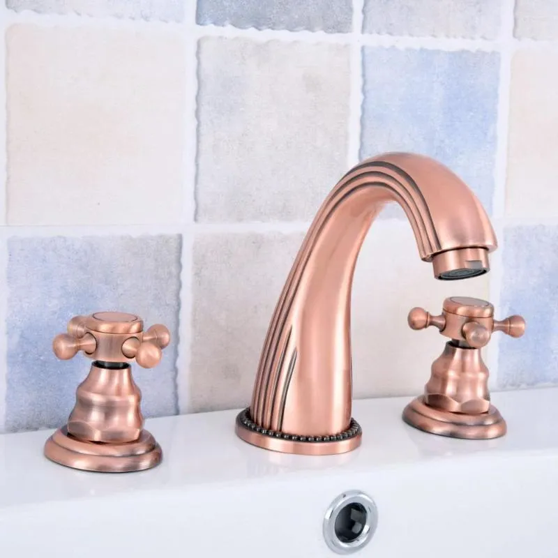 Torneiras de pia do banheiro antigo Red Copper Brass Deck Montado Dual Handles Dual