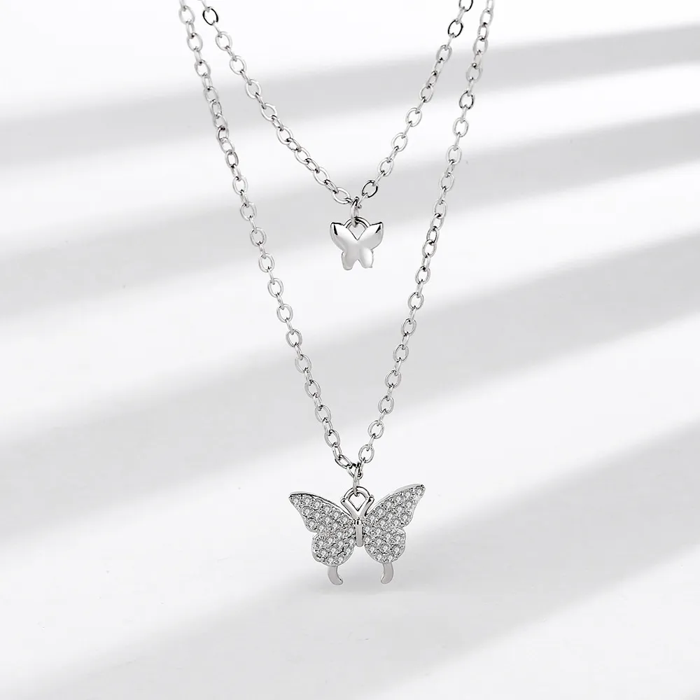 New Flash Diamond Butterfly Double Layer Necklace Female Ins Clavicle Chain Net Red Sweater Chain Simple Student Pendant