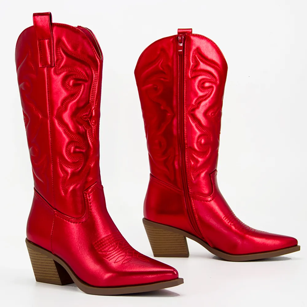 Botas Metálicas Botas de Cowboy Mulher Western Boots Para Mulheres Zip Bordado Bico Pontudo Salto Sapatos de Inverno Rosa Vermelho Dourado Metálico 230322