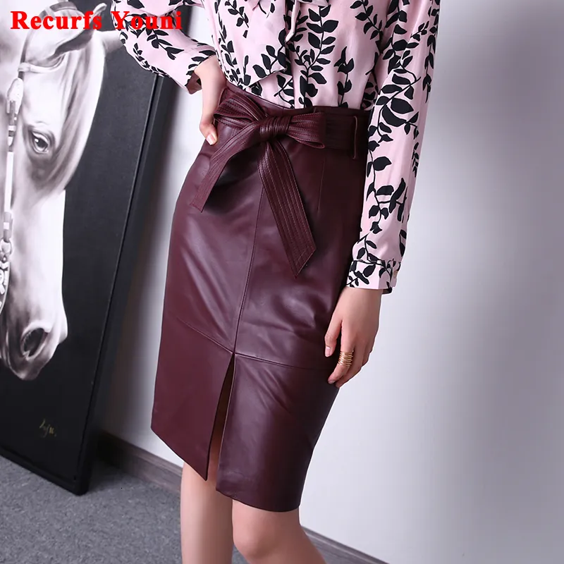 Jupes Femmes Jupe En Cuir Véritable Femme Automne / Hiver Vin Rouge / Violet Taille Client Noeud Noeud Ceinture Mi-Longue Jupe Mujer Saia Midi 230322