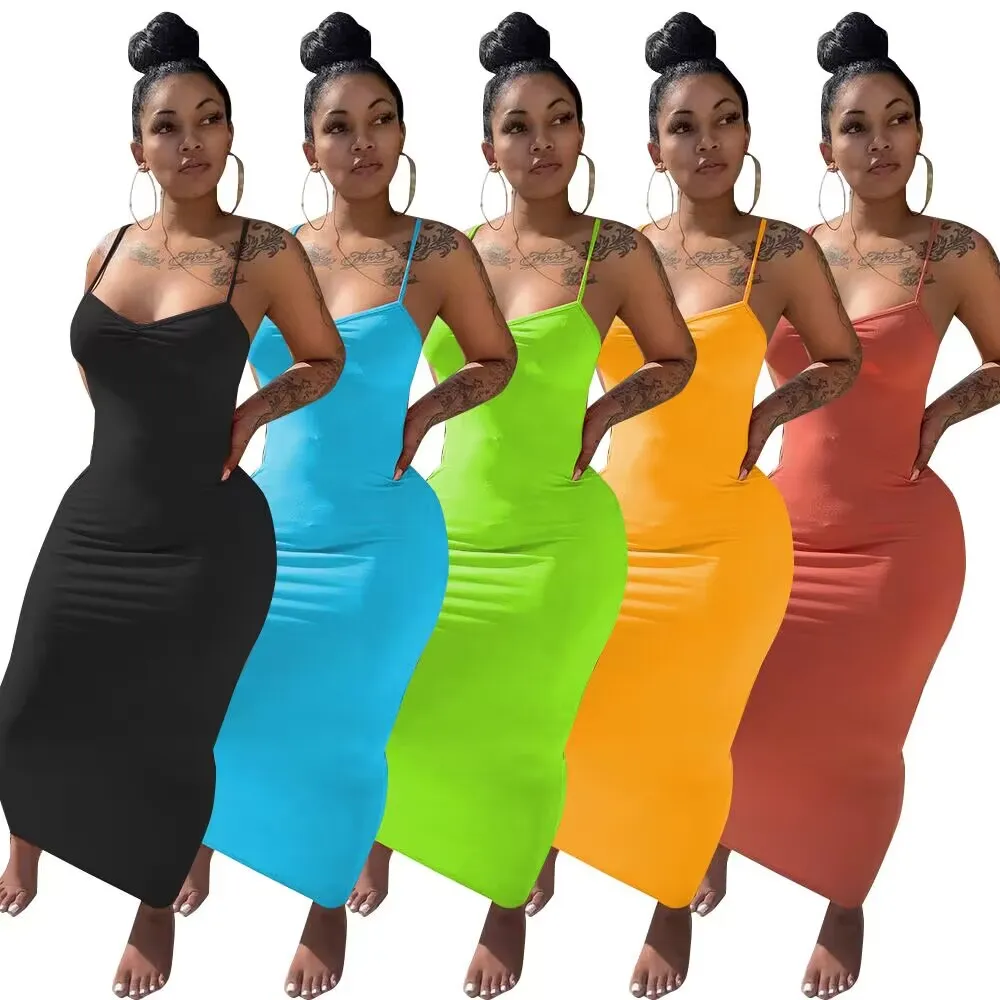 새로운 디자이너 섹시한 슬레임 드레스 여름 여성 스파게티 스트랩 긴 드레스 스키니 솔리드 연필 드레스 패션 휴가 클럽 착용 도매 의류 9459-1