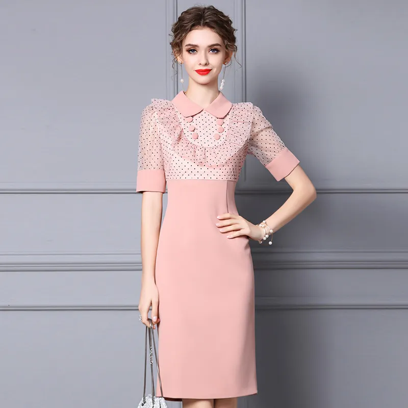 Party Dresses Patchwork Gentle Wind Dress Summer Women High Sense Doll Collar Polka Dot Pink High midje Slim Dress 230322