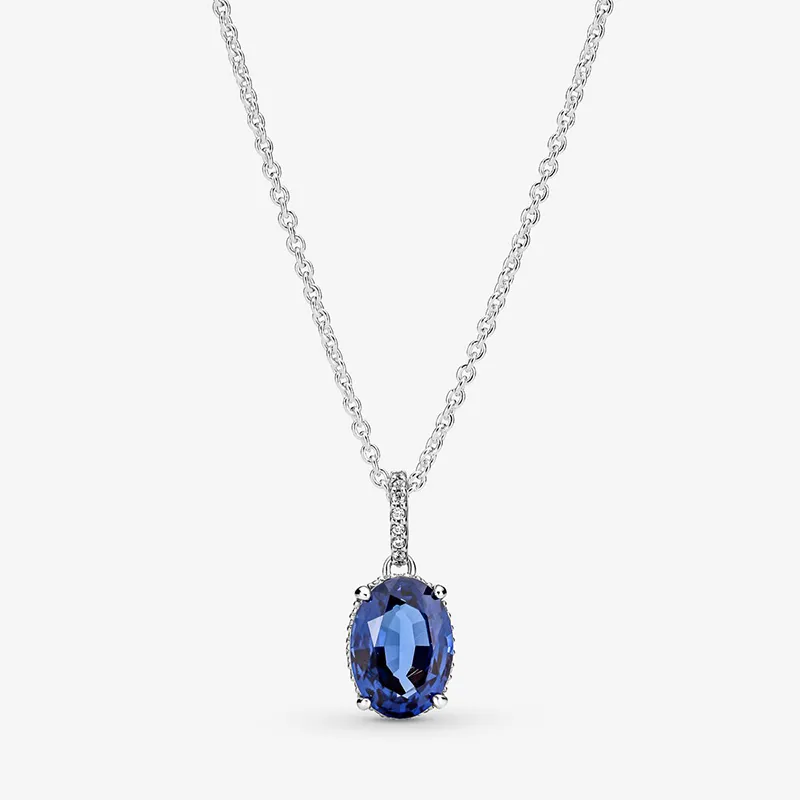 Sparkling Statement Halo Pendant Necklace for Pandora 925 Sterling Silver Wedding designer Jewelry For Women Blue CZ Diamond Link Necklaces with Original BOX