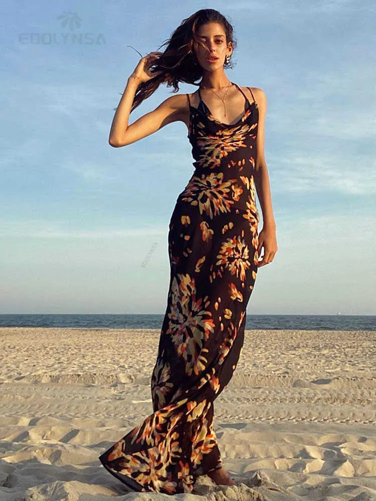 Party Dresses 2023 Sexy Boho Printed Slip Women Summer Clothes Elegant Spaghetti Straped Side Split Open Back Maxi Sundress A1154 Y2303