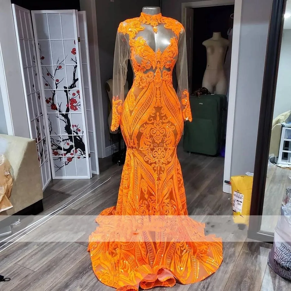 2023 Sexy Prom Dresses Mermaid Orange High Neck Long Sleeve Illusion Sequined Lace Formal Evening Party Gowns Sequins Graduation Dresses