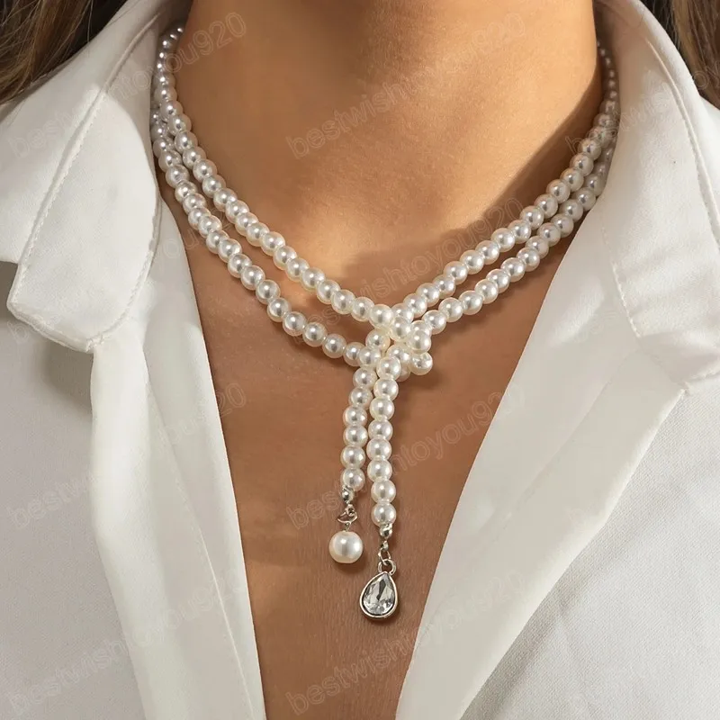 Skiktade pärlpärlkedja med kristallhänge halsband för kvinnor långa tofsar halsband mode smycken på nacktillbehör