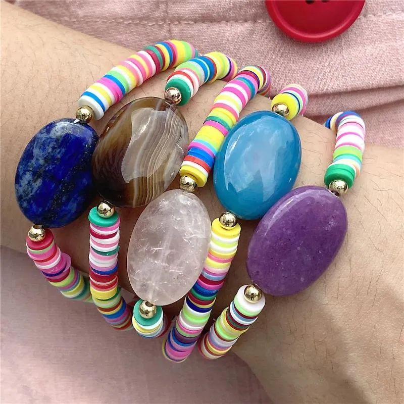 Bracelets porte-bonheur véritable Bracelet en pierre naturelle Boho 6MM perles de disque en argile polymère perlées pour fille breloques de perles bracelets élastiques colorés