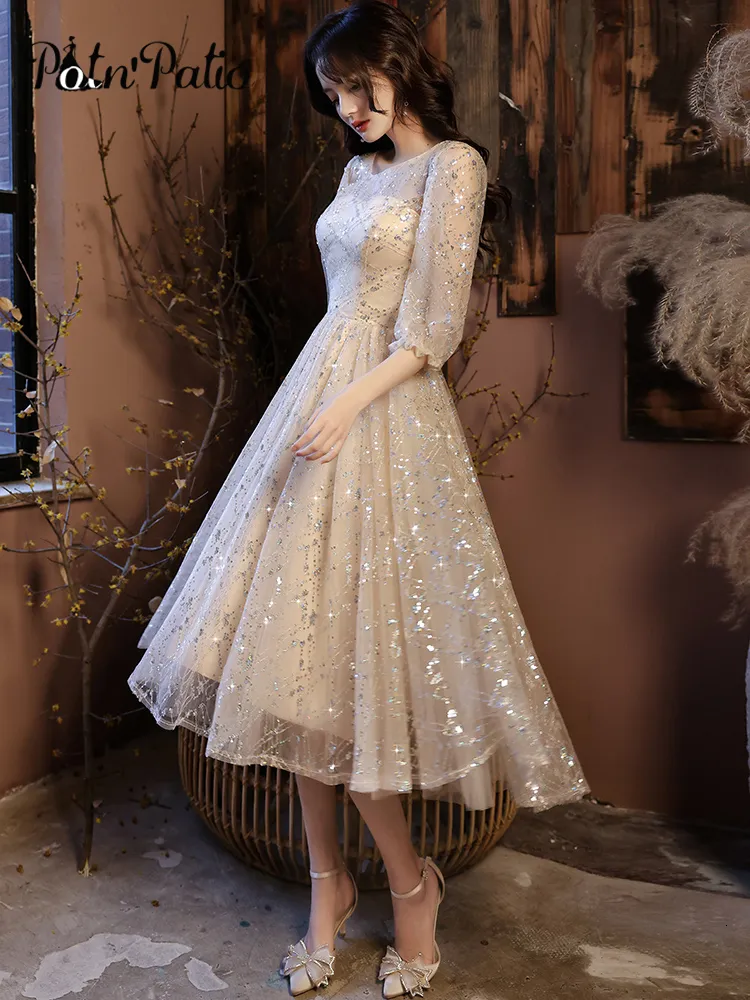 Vestidos De Fiesta Vestidos De Noche Semi Formales Cortos Elegantes O Cuello Una Linea De Longitud De Te Champagne Lentejuelas Tul Vestidos De Mujer Para Fiesta De Boda 230322 De 60 05 DHgate