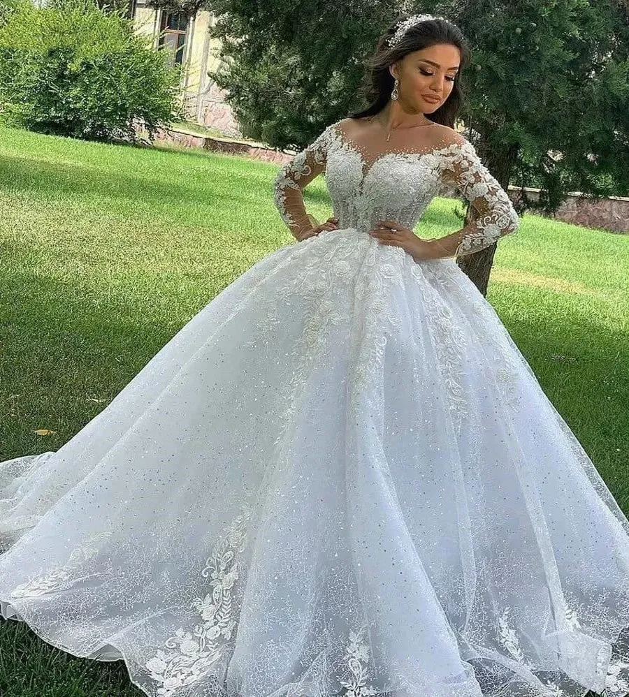 2023 Princess Wedding Dress Ball Gown Illusion O Neck Lace Appliqus Beaded  Long Sleeves Bridal Gown Vestidos De Novia Custom Made Robe De Mariage From  168,95 €
