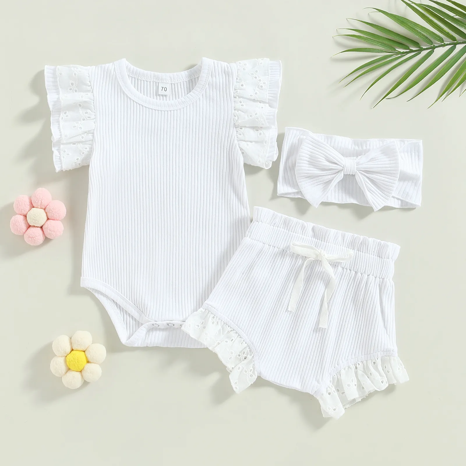 Ensembles de vêtements pour bébés filles, ensembles de vêtements pour tout-petits, tenues en tricot à volants en dentelle, barboteuse, short, bandeau à nœud, 230322