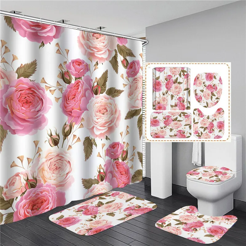 Cortinas de chuveiro Flores rosa Rosa Rosa elegante cortina de chuveiro estampado conjunto de mulheres à prova d'água Banheiro banheiro tapete de tapete de tampa Corpet Cortina Ducha 230322