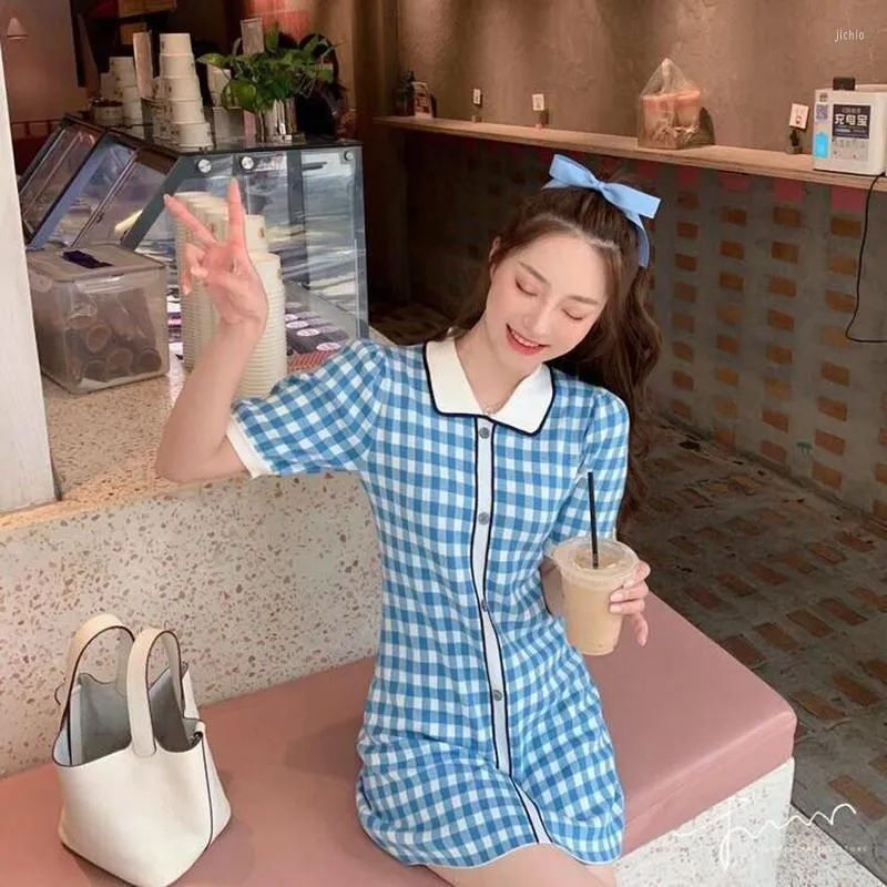 ★韓国人気★I AM MARI★COLLAR CHECK DRESS Korean Students' Plaid A-line Mini shirt dress with
