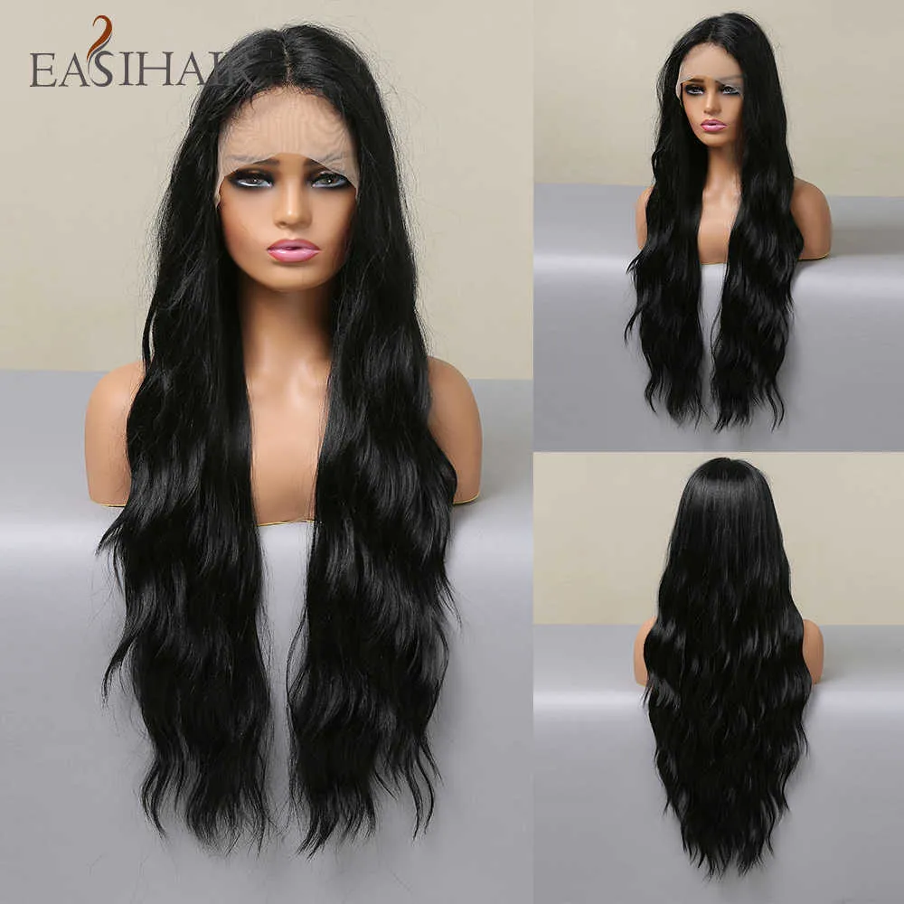 Synthetic Wigs Easihair Long Black Lace Front Synthetic Hair Wigs Frontal for Women Natural Daily High Density Wig 230227