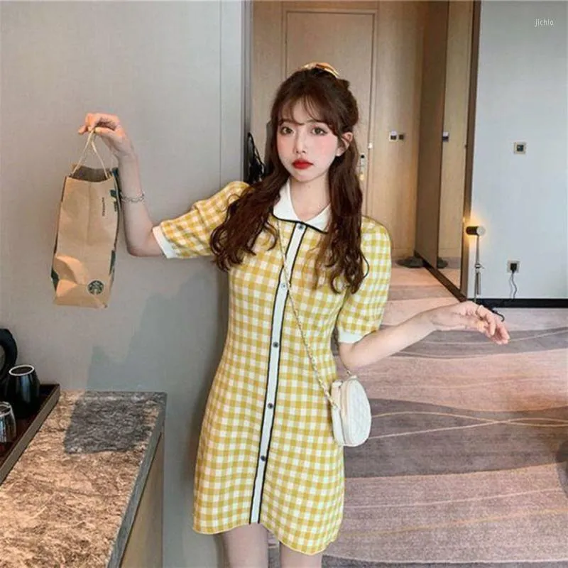 Casual Dresses Plaid Girl Short Sleeved Doll Collar Elegance Summer Korean Students A-Line Mini School Kvinna