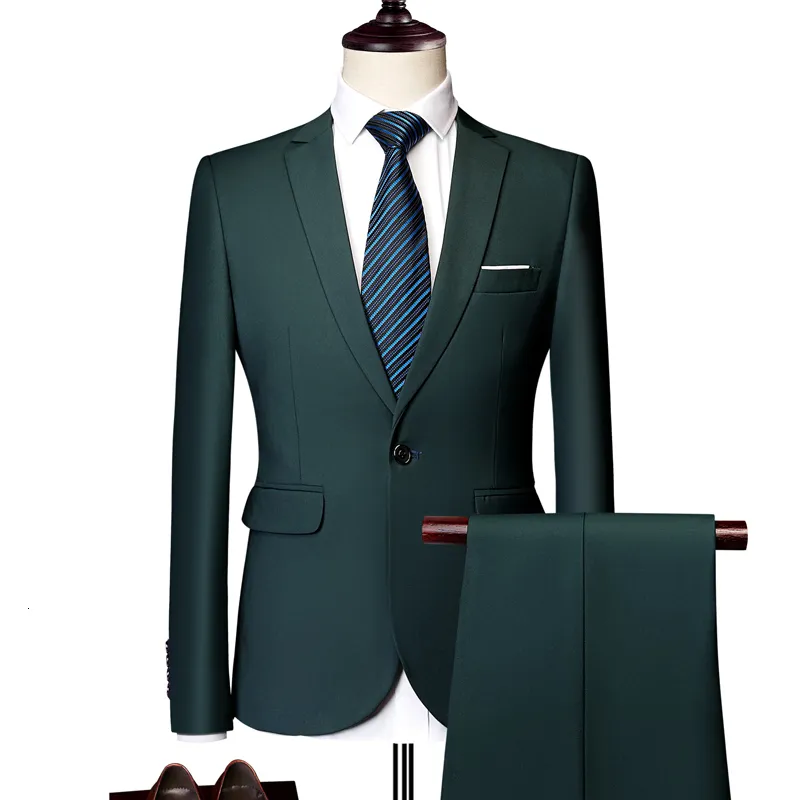 Erkek Suit Blazers Mens Resmi Takım Set Ceket Pantolon İki Parçalı Saf Renk İnce Uygun Smokin Business Butik Moda Erkek Giyim Takım Seti 230322