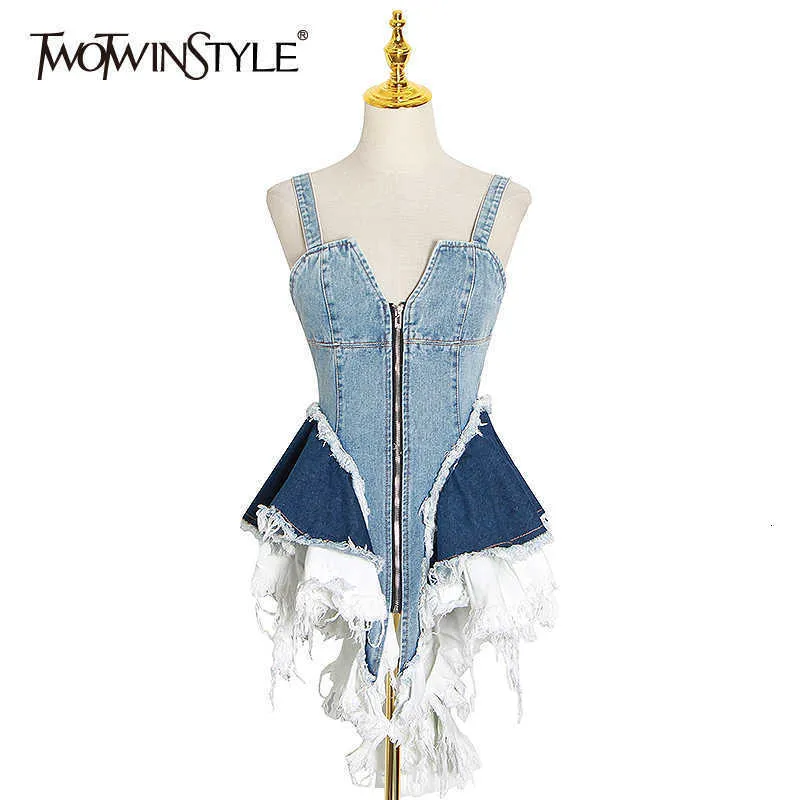 Tanks Femmes Camis Deux Tyle Sexy Patchwork Denim Femmes Tops Col Carré Sans Manches Spaghetti Sangle Tunique Maille Volants Hit Couleur Gilets Femme 230322