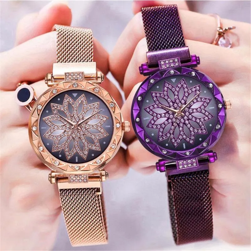 Montres-bracelets Mode Femmes Aimant Boucle Fleur Montre De Luxe Dames Strass Quartz Horloge Relogio Feminino Drop