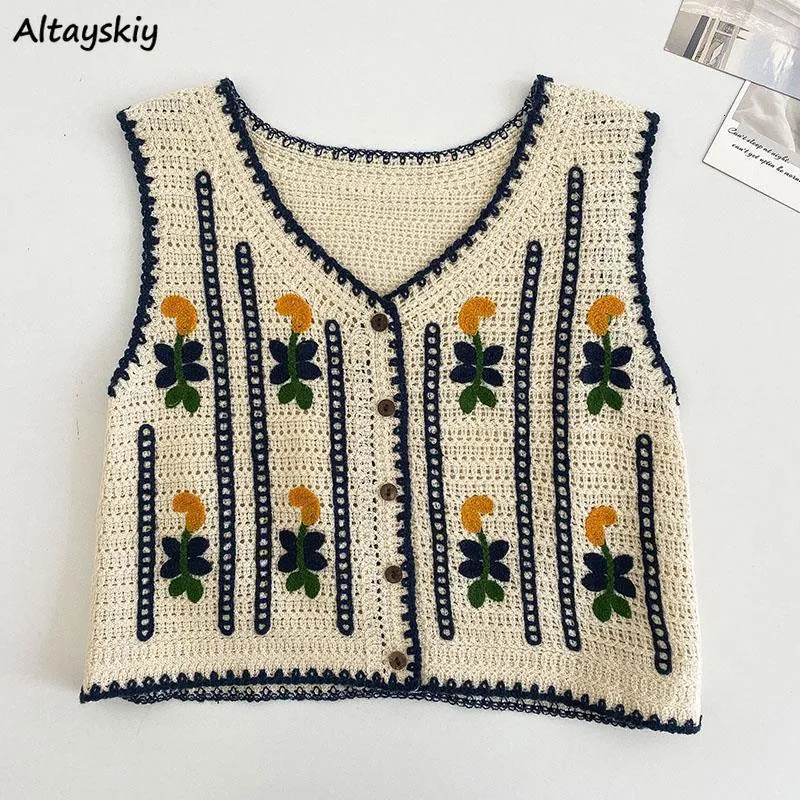 Gilets pour femmes Col en V Floral Broderie Gilets Femmes Simple Poitrine Vintage Crop Tops Style Chinois Lâche Tricoté Gilets Élégant Survêtement 230322