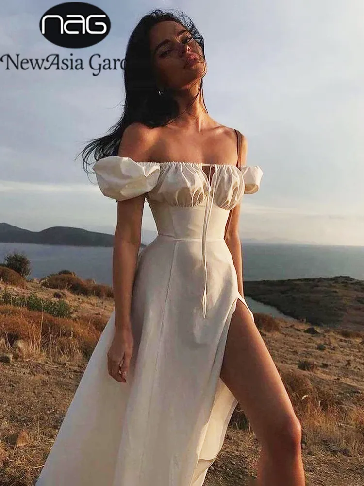 Casual Dresses Asia Puff Sleeve White Off Shoulder Cut out Tie up Side Split Ruched Long robe femme Summer for Women 230321