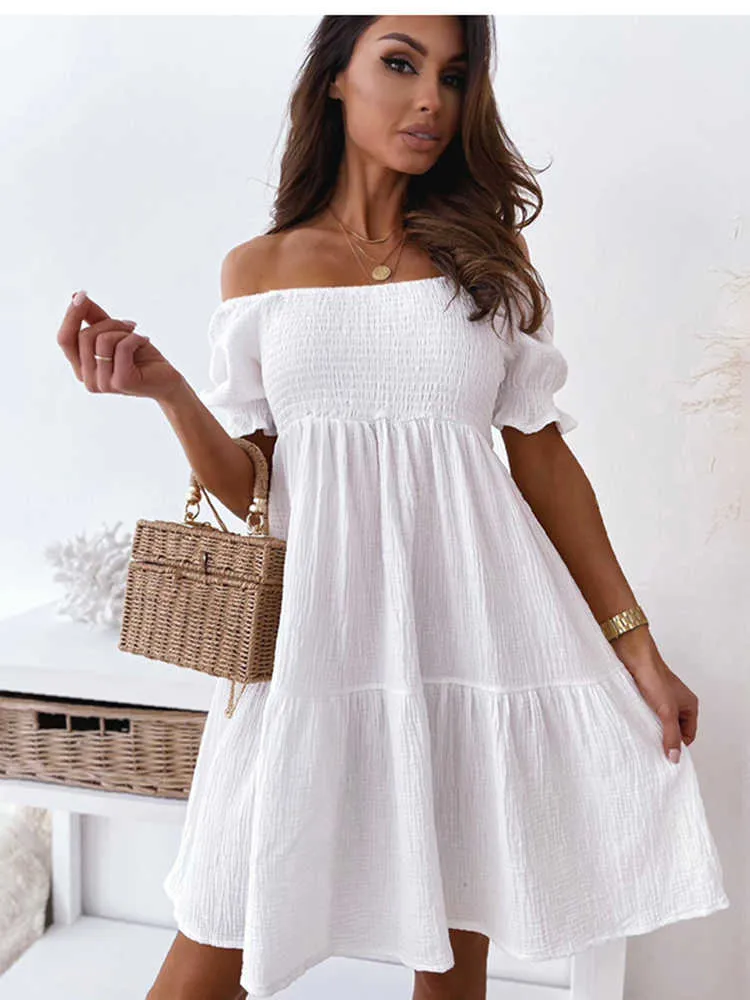 Vestidos casuais sexy slash pescoço vestido de verão moda casual solto branco preto praia vestidos para mulheres 2021 elegante manto de manga curta femme g230322