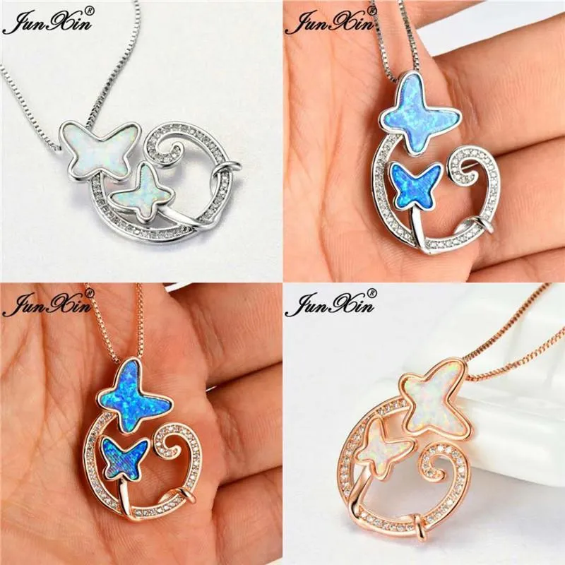 Colares pendentes junxin feminino azul branco opala borboleta para mulheres rosa ouro cheio de zircon colar cz cz