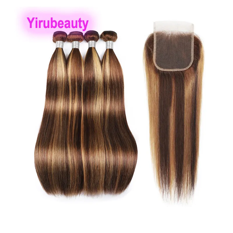 Yirubeauty Malaysian Human Hair Wefts 4 x4 레이스 클로저 P4/27 피아노 컬러 브레이 스트레이트 5 PC