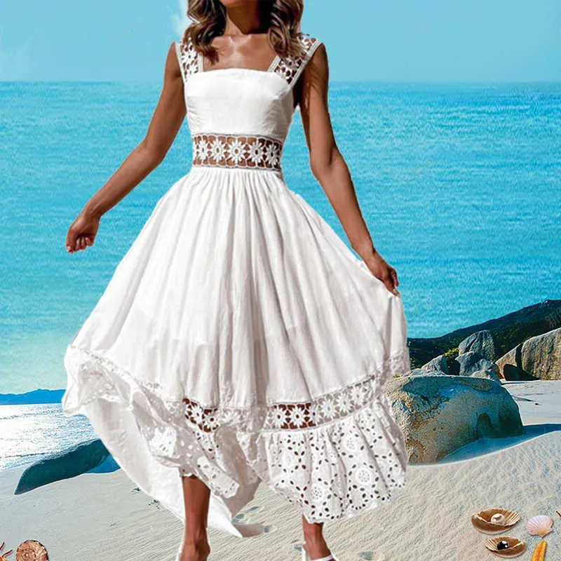 Feestjurken Nieuw in Boheemse witte dames elegant voor vrouwen 2023 Lace Hollow Design Beach Cocktail Evening Maxi Y2303