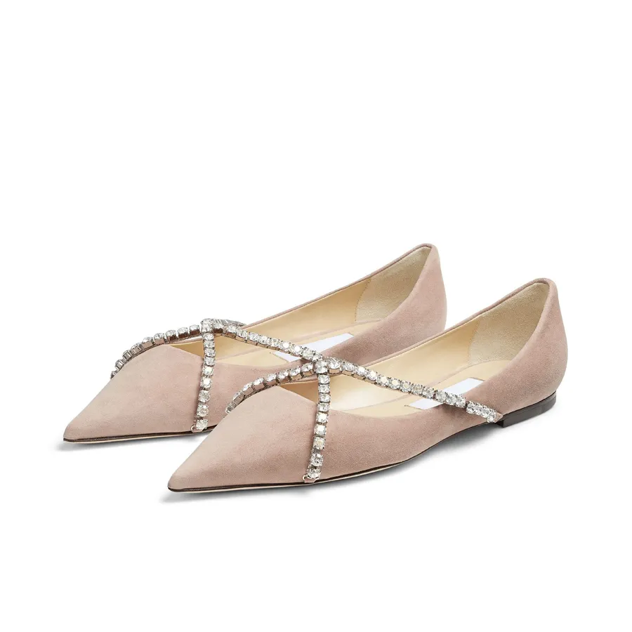 Mode kvinnliga sandaler London Ballet Genevi Flat Italy Sexig spetsig tå Cross Crystal Ankle Strap Empelled Nude Suede Designer Ballerinas Flats Sandal Box EU 35-42