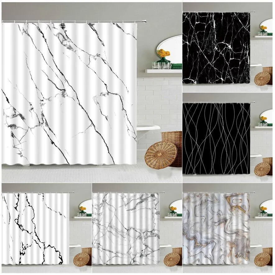Duschgardiner svart guldgrå vit marmor randig tryckd dusch gardin minimalistisk design badrumstillbehör Vattentät dekorativ skärm 230322