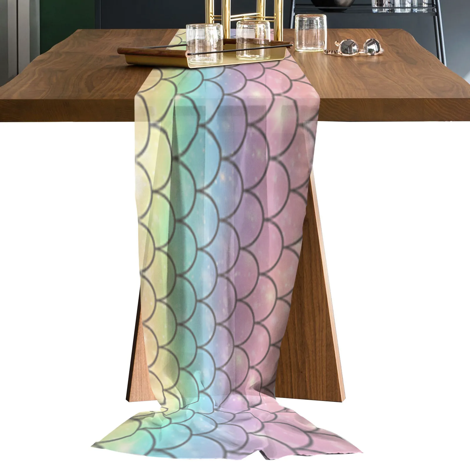 Rainbow Table Runner Mermaid Scales Ocean Rainbow Sheer Chiffon Rainbow Table  Runner Country Wedding Party Birthday Tulle Voile Table Cloth Home  Decoration 230322 From Kong08, $16.4