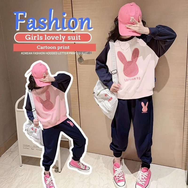 Completi di abbigliamento Primavera Ragazze Felpa in cotone a contrasto adorabile Pantaloni della tuta Tuta per bambini della scuola Tuta da jogging per studenti Completi per bambini 5 16 anni 230322