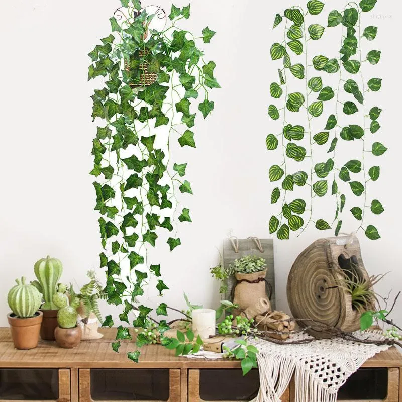 Flores decorativas 2.3 m Plantas artificiales Enredadera Hojas de hiedra Simulación verde Ratán DIY Boda Hogar Jardín Colgante de pared Decoración Vides falsas